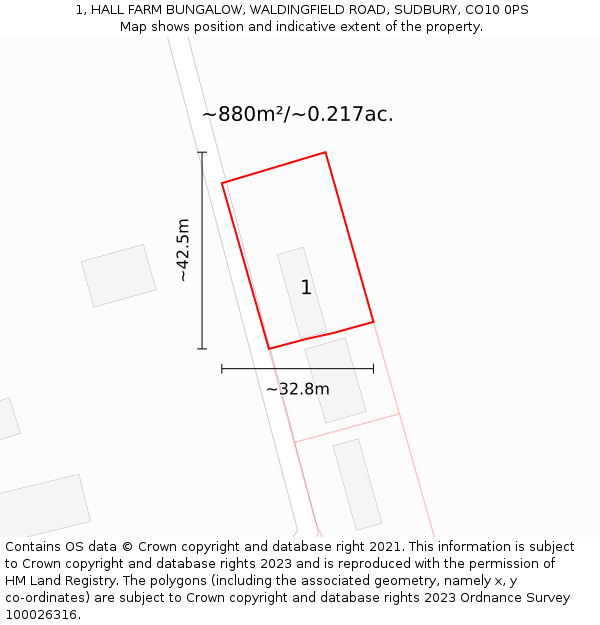 1, HALL FARM BUNGALOW, WALDINGFIELD ROAD, SUDBURY, CO10 0PS: Plot and title map