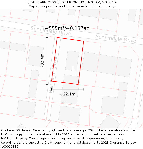 1, HALL FARM CLOSE, TOLLERTON, NOTTINGHAM, NG12 4DY: Plot and title map