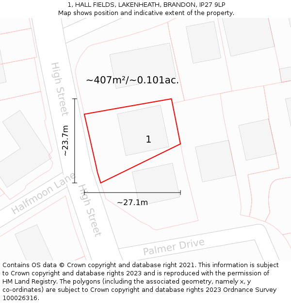 1, HALL FIELDS, LAKENHEATH, BRANDON, IP27 9LP: Plot and title map