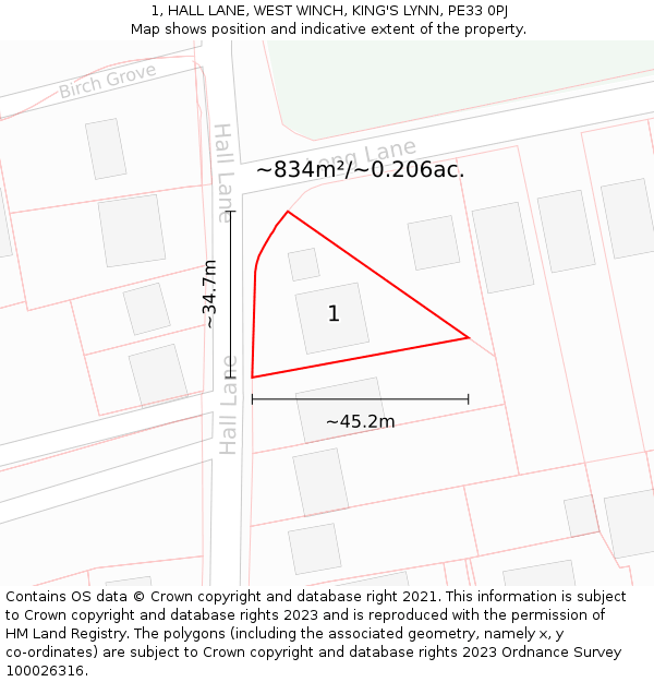 1, HALL LANE, WEST WINCH, KING'S LYNN, PE33 0PJ: Plot and title map