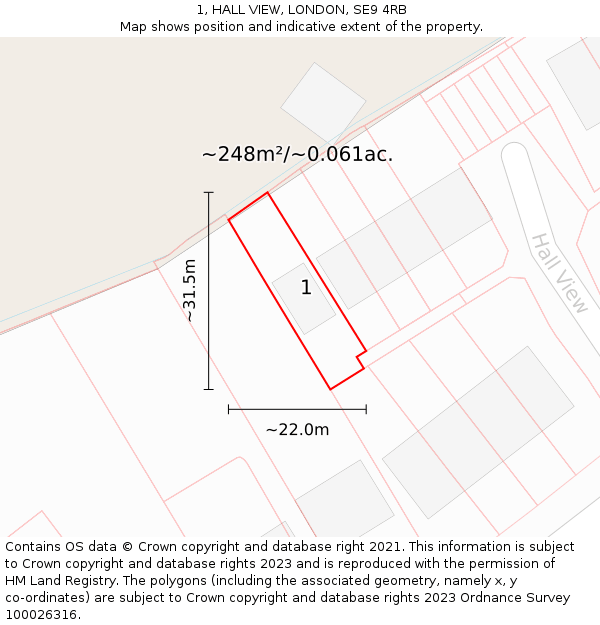 1, HALL VIEW, LONDON, SE9 4RB: Plot and title map