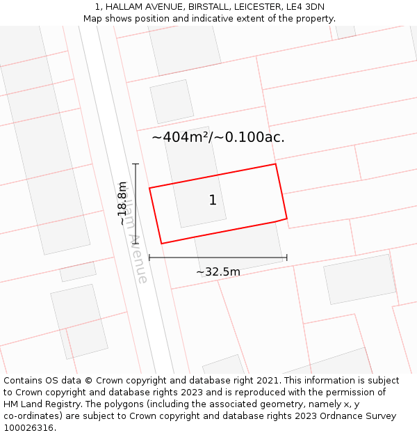 1, HALLAM AVENUE, BIRSTALL, LEICESTER, LE4 3DN: Plot and title map