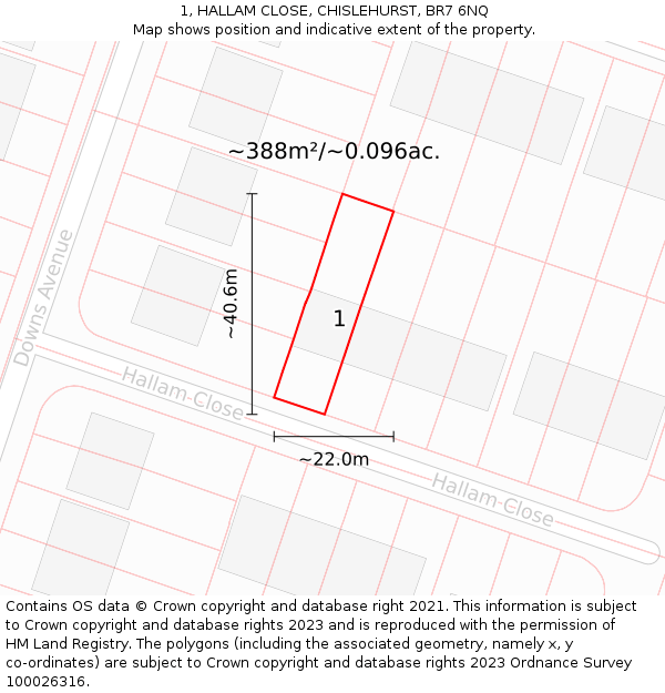 1, HALLAM CLOSE, CHISLEHURST, BR7 6NQ: Plot and title map