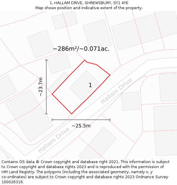 1, HALLAM DRIVE, SHREWSBURY, SY1 4YE: Plot and title map