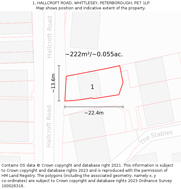 1, HALLCROFT ROAD, WHITTLESEY, PETERBOROUGH, PE7 1LP: Plot and title map