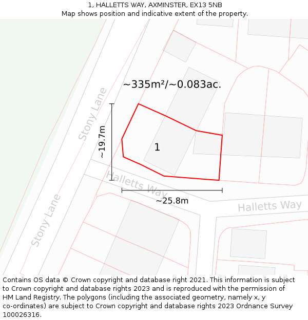 1, HALLETTS WAY, AXMINSTER, EX13 5NB: Plot and title map
