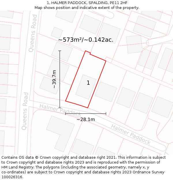 1, HALMER PADDOCK, SPALDING, PE11 2HF: Plot and title map