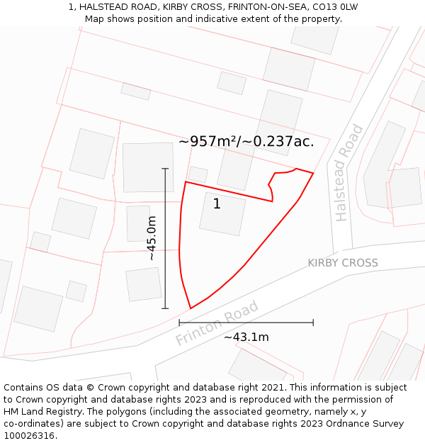 1, HALSTEAD ROAD, KIRBY CROSS, FRINTON-ON-SEA, CO13 0LW: Plot and title map