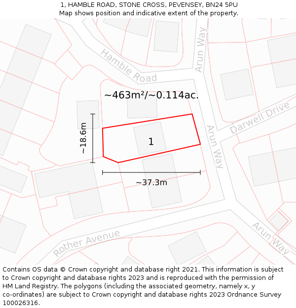 1, HAMBLE ROAD, STONE CROSS, PEVENSEY, BN24 5PU: Plot and title map
