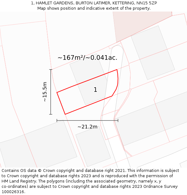 1, HAMLET GARDENS, BURTON LATIMER, KETTERING, NN15 5ZP: Plot and title map