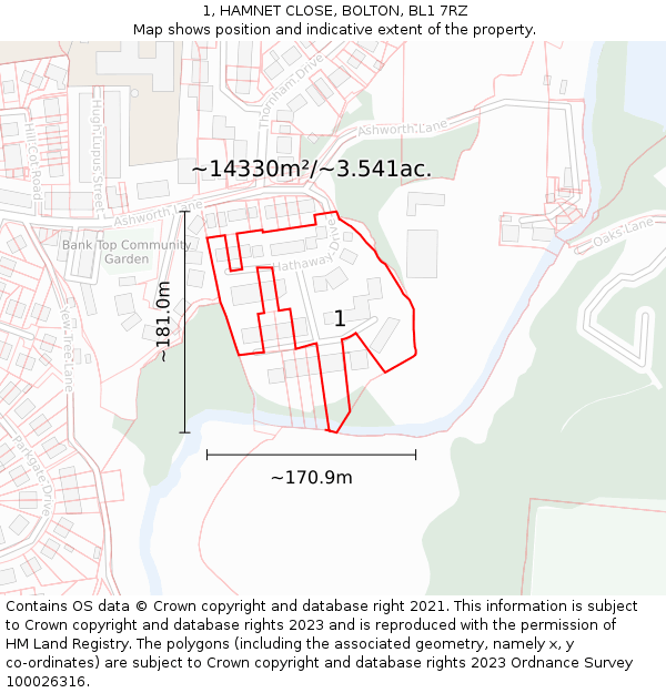 1, HAMNET CLOSE, BOLTON, BL1 7RZ: Plot and title map