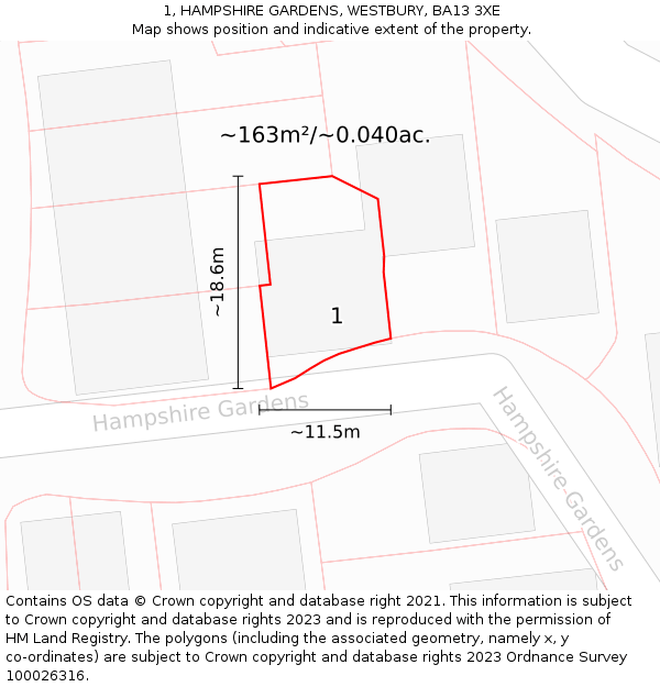 1, HAMPSHIRE GARDENS, WESTBURY, BA13 3XE: Plot and title map