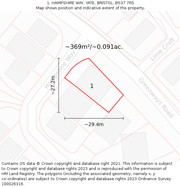 1, HAMPSHIRE WAY, YATE, BRISTOL, BS37 7RS: Plot and title map
