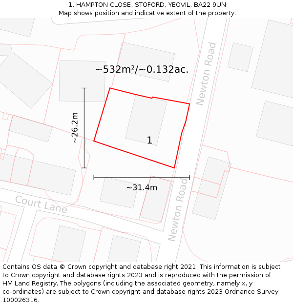 1, HAMPTON CLOSE, STOFORD, YEOVIL, BA22 9UN: Plot and title map