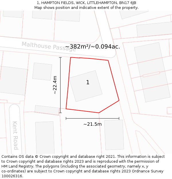 1, HAMPTON FIELDS, WICK, LITTLEHAMPTON, BN17 6JB: Plot and title map