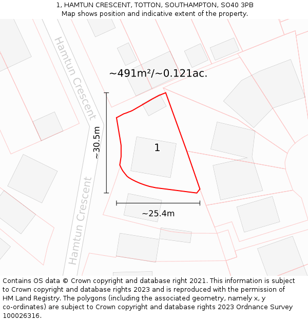 1, HAMTUN CRESCENT, TOTTON, SOUTHAMPTON, SO40 3PB: Plot and title map