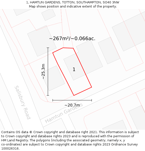 1, HAMTUN GARDENS, TOTTON, SOUTHAMPTON, SO40 3NW: Plot and title map