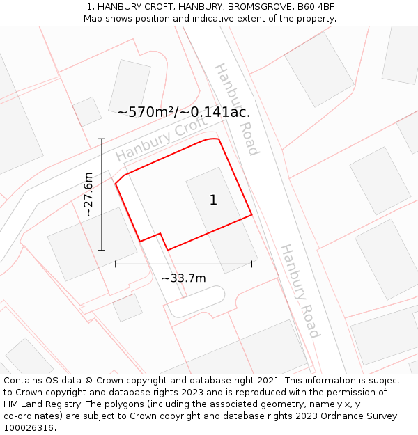 1, HANBURY CROFT, HANBURY, BROMSGROVE, B60 4BF: Plot and title map