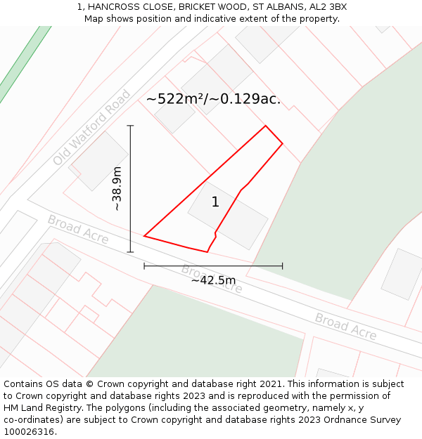 1, HANCROSS CLOSE, BRICKET WOOD, ST ALBANS, AL2 3BX: Plot and title map