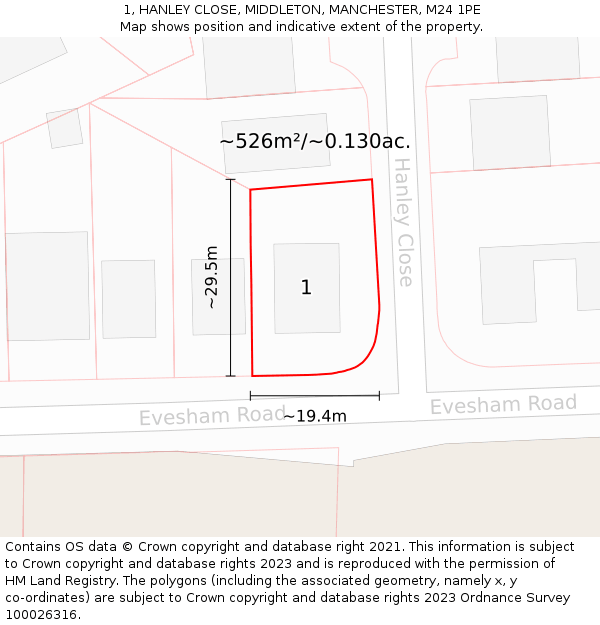 1, HANLEY CLOSE, MIDDLETON, MANCHESTER, M24 1PE: Plot and title map