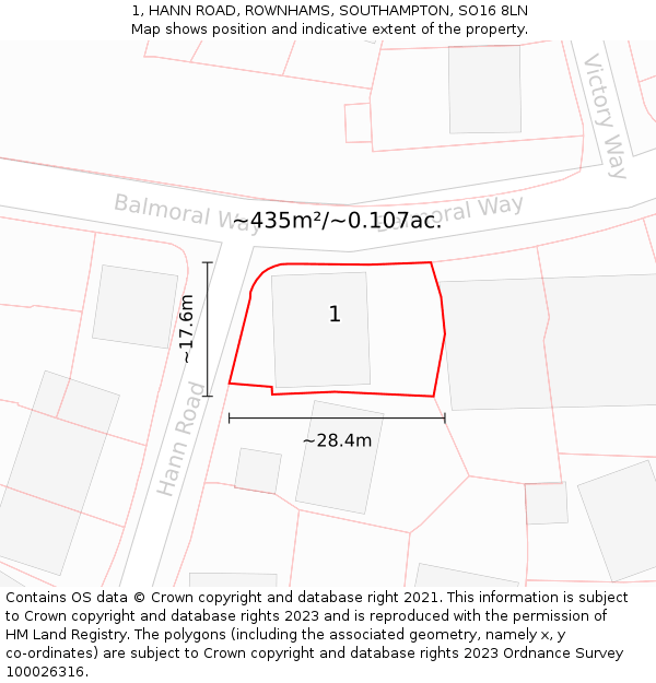 1, HANN ROAD, ROWNHAMS, SOUTHAMPTON, SO16 8LN: Plot and title map