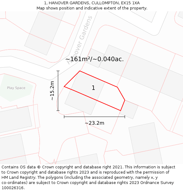 1, HANOVER GARDENS, CULLOMPTON, EX15 1XA: Plot and title map