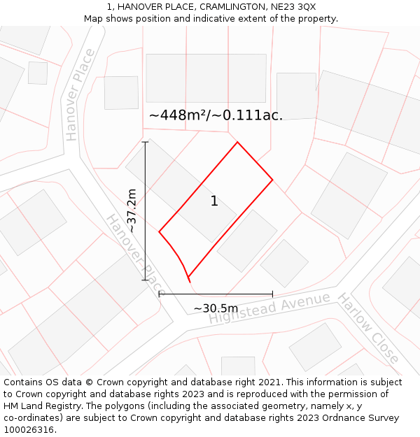 1, HANOVER PLACE, CRAMLINGTON, NE23 3QX: Plot and title map