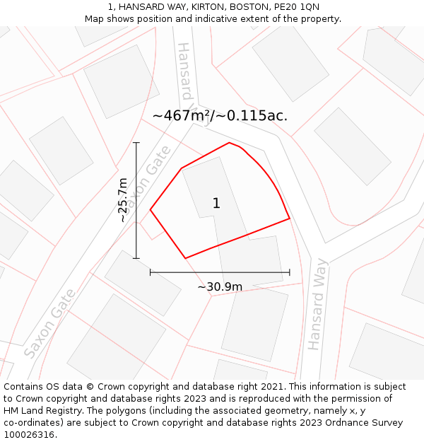 1, HANSARD WAY, KIRTON, BOSTON, PE20 1QN: Plot and title map