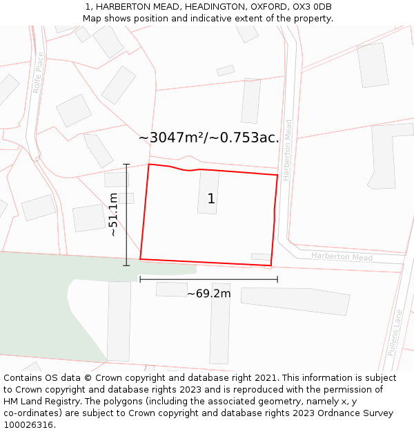 1, HARBERTON MEAD, HEADINGTON, OXFORD, OX3 0DB: Plot and title map