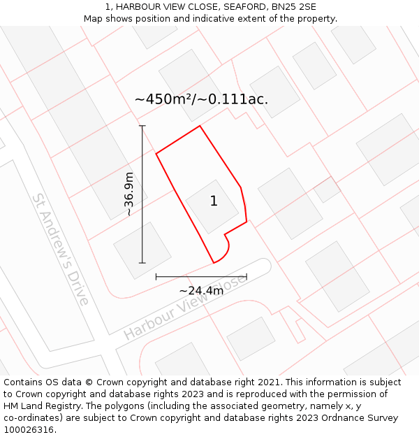 1, HARBOUR VIEW CLOSE, SEAFORD, BN25 2SE: Plot and title map