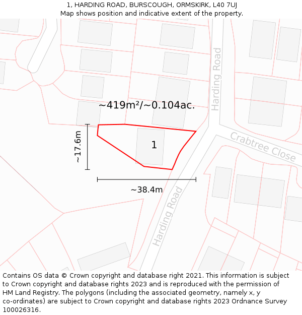 1, HARDING ROAD, BURSCOUGH, ORMSKIRK, L40 7UJ: Plot and title map