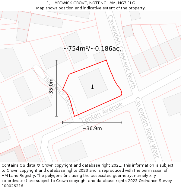 1, HARDWICK GROVE, NOTTINGHAM, NG7 1LG: Plot and title map