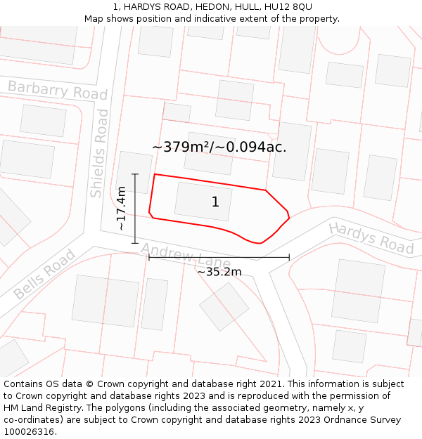 1, HARDYS ROAD, HEDON, HULL, HU12 8QU: Plot and title map