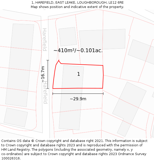 1, HAREFIELD, EAST LEAKE, LOUGHBOROUGH, LE12 6RE: Plot and title map