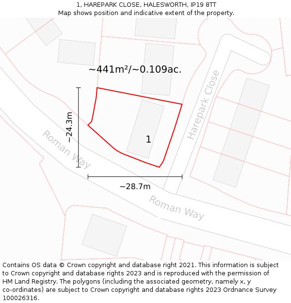 1, HAREPARK CLOSE, HALESWORTH, IP19 8TT: Plot and title map