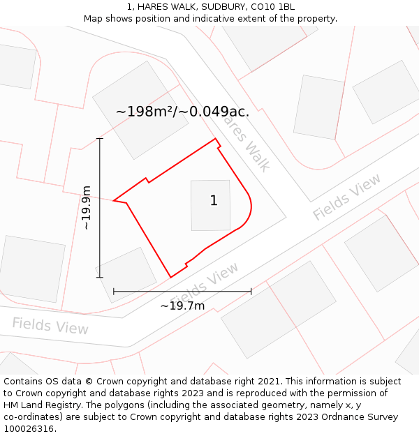 1, HARES WALK, SUDBURY, CO10 1BL: Plot and title map