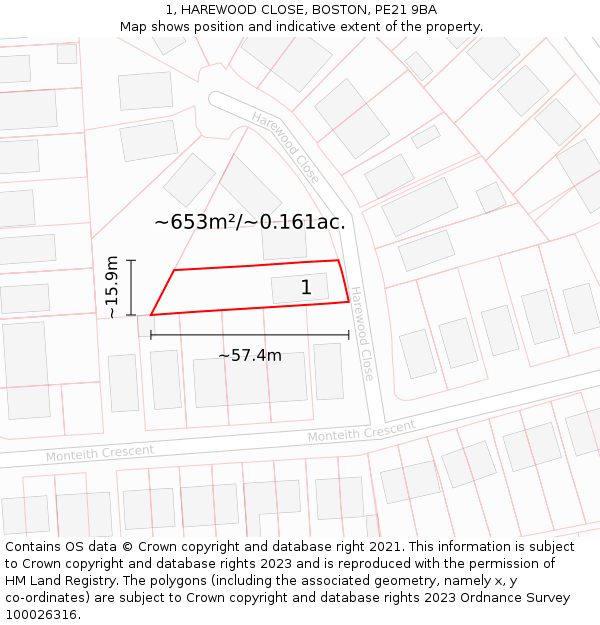 1, HAREWOOD CLOSE, BOSTON, PE21 9BA: Plot and title map