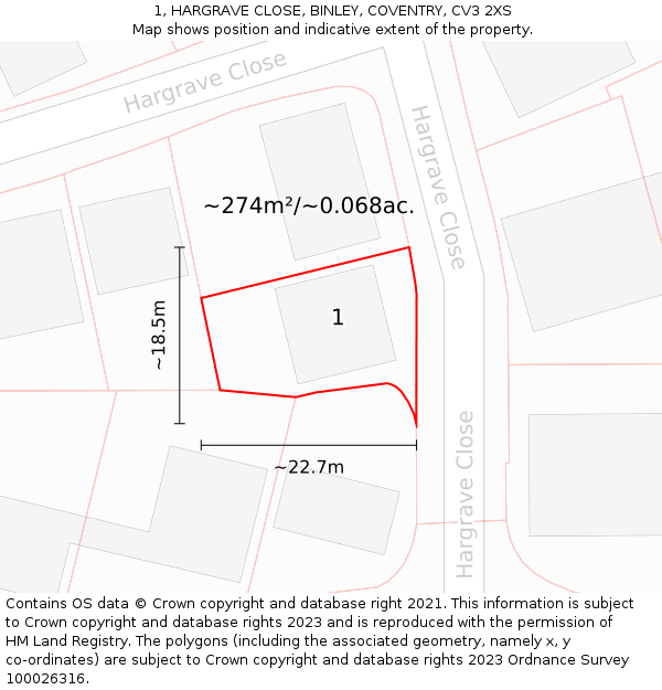 1, HARGRAVE CLOSE, BINLEY, COVENTRY, CV3 2XS: Plot and title map