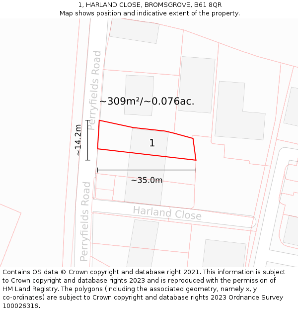 1, HARLAND CLOSE, BROMSGROVE, B61 8QR: Plot and title map