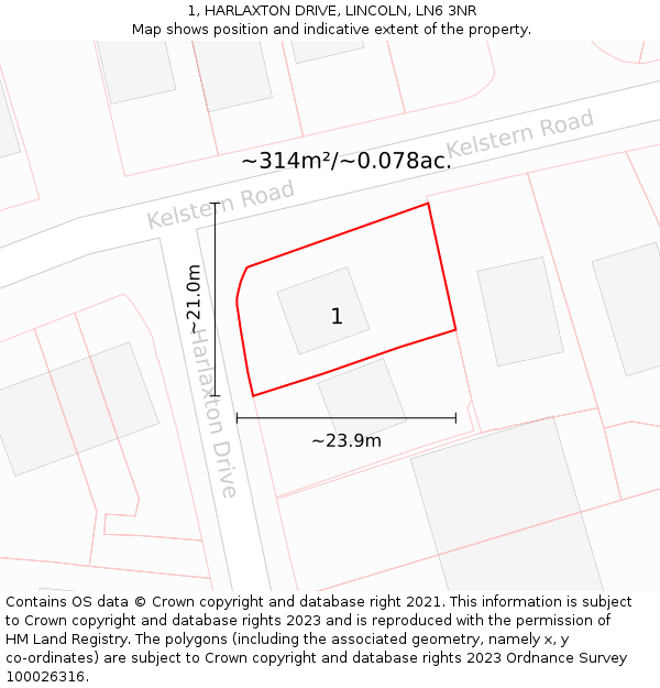 1, HARLAXTON DRIVE, LINCOLN, LN6 3NR: Plot and title map