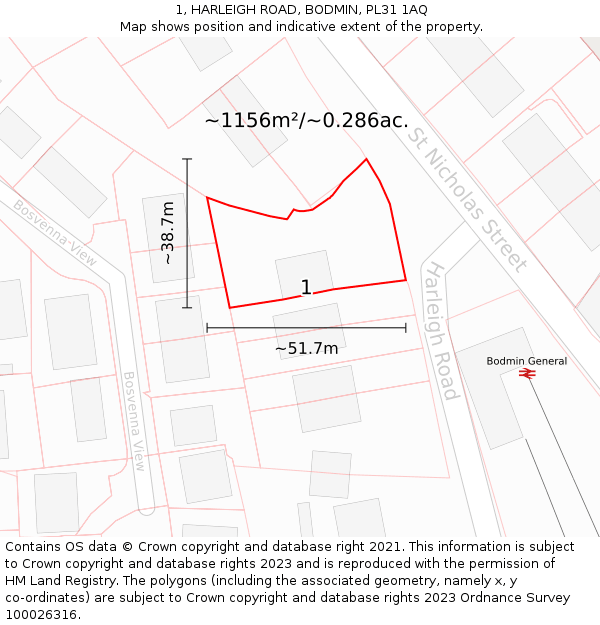 1, HARLEIGH ROAD, BODMIN, PL31 1AQ: Plot and title map
