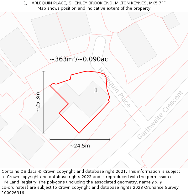 1, HARLEQUIN PLACE, SHENLEY BROOK END, MILTON KEYNES, MK5 7FF: Plot and title map