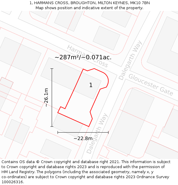 1, HARMANS CROSS, BROUGHTON, MILTON KEYNES, MK10 7BN: Plot and title map