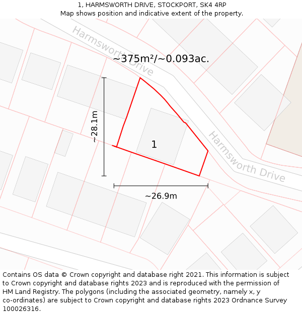 1, HARMSWORTH DRIVE, STOCKPORT, SK4 4RP: Plot and title map