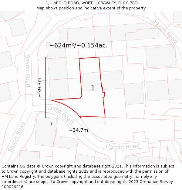 1, HAROLD ROAD, WORTH, CRAWLEY, RH10 7RD: Plot and title map