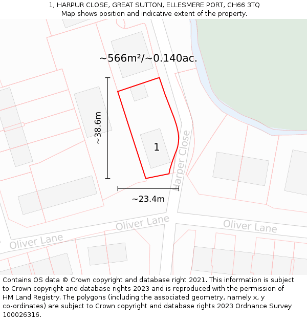 1, HARPUR CLOSE, GREAT SUTTON, ELLESMERE PORT, CH66 3TQ: Plot and title map