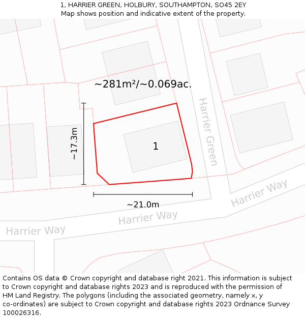 1, HARRIER GREEN, HOLBURY, SOUTHAMPTON, SO45 2EY: Plot and title map