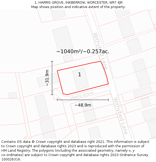 1, HARRIS GROVE, INKBERROW, WORCESTER, WR7 4JR: Plot and title map