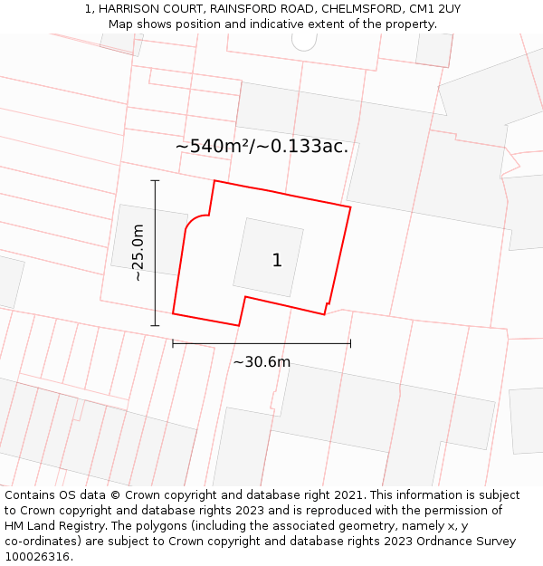 1, HARRISON COURT, RAINSFORD ROAD, CHELMSFORD, CM1 2UY: Plot and title map