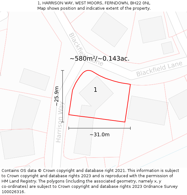 1, HARRISON WAY, WEST MOORS, FERNDOWN, BH22 0NL: Plot and title map